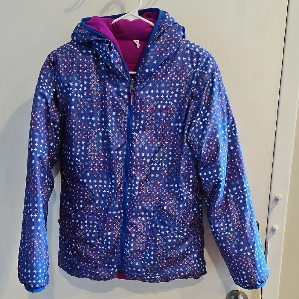 Columbia Reversible Blue And PINK Floral Puffer Fleece Jacket XL (18/20)